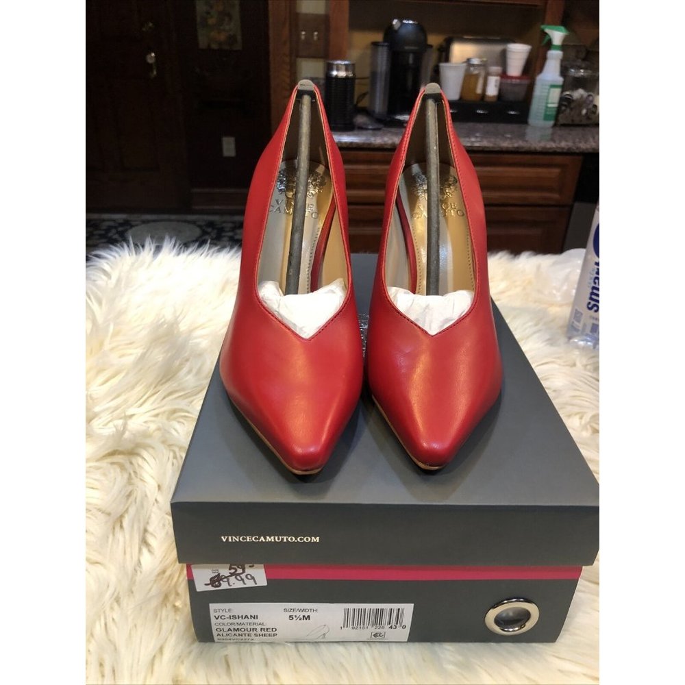 VINCE CAMUTO ISHANI POINTY TOE PUMP RED LEATHER 5.5 M Made IN BRAZIL 3 1/2" HEEL